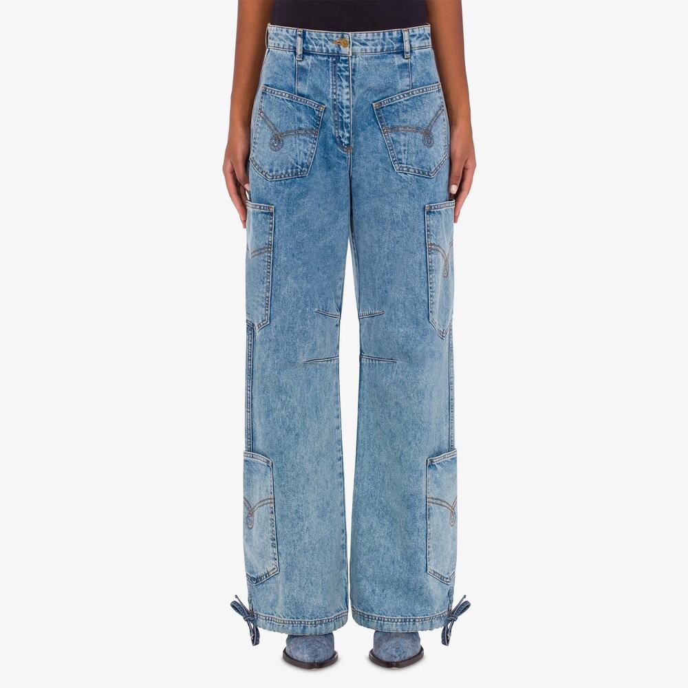 MO5CH1NO Women's Blue Denim Cargo Style Denim Pants Size 28